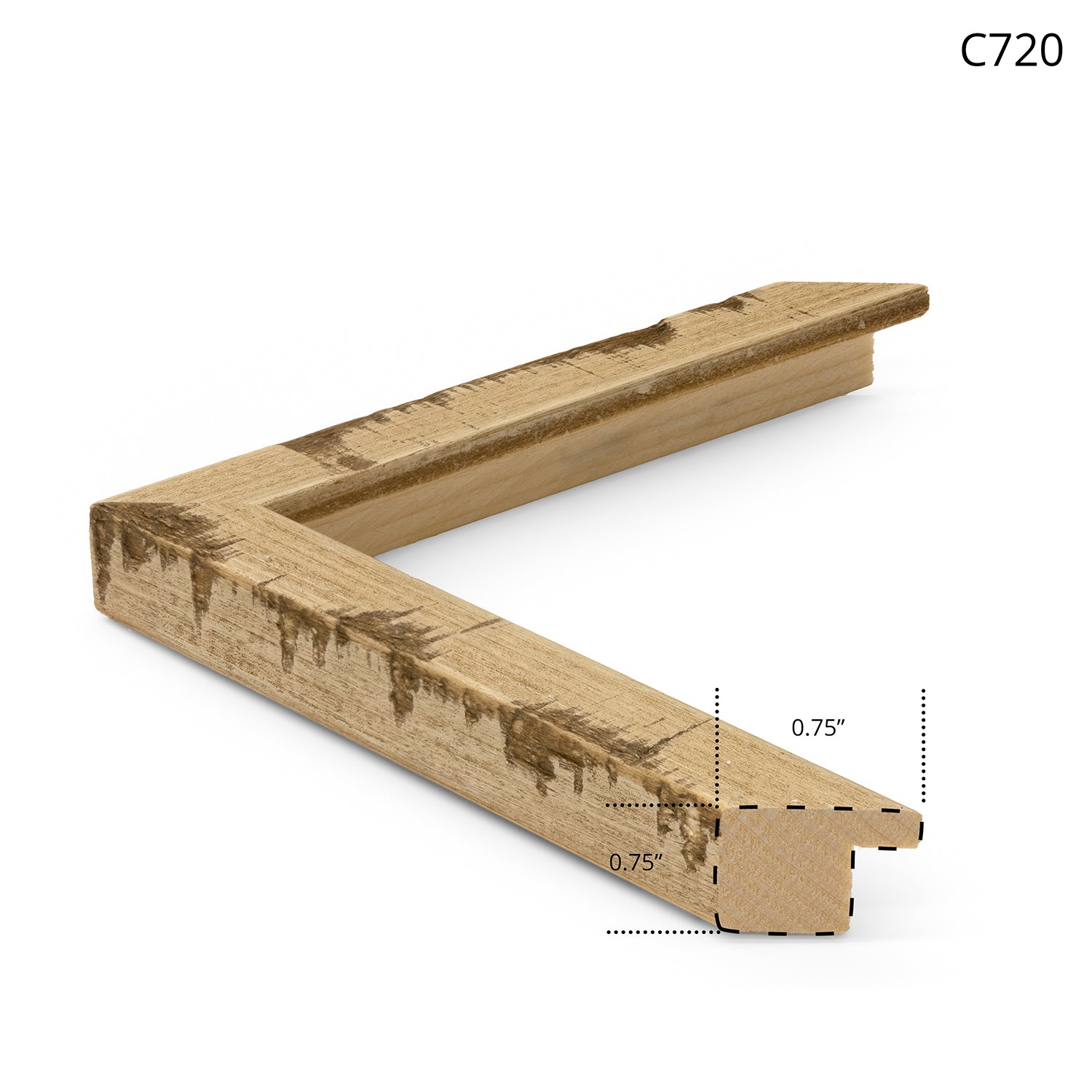 Wooden frame C720 with a rustic finish, showcasing a corner view and textured surface.