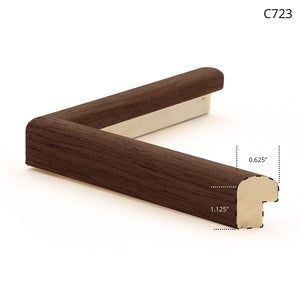 Brown wooden picture frame with a smooth finish, showcasing a corner view.