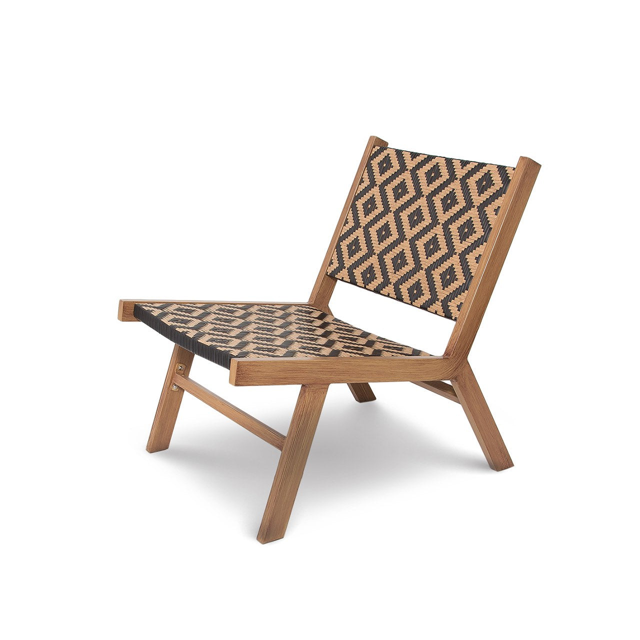 Wooden chair with geometric patterned seat and backrest on a white background