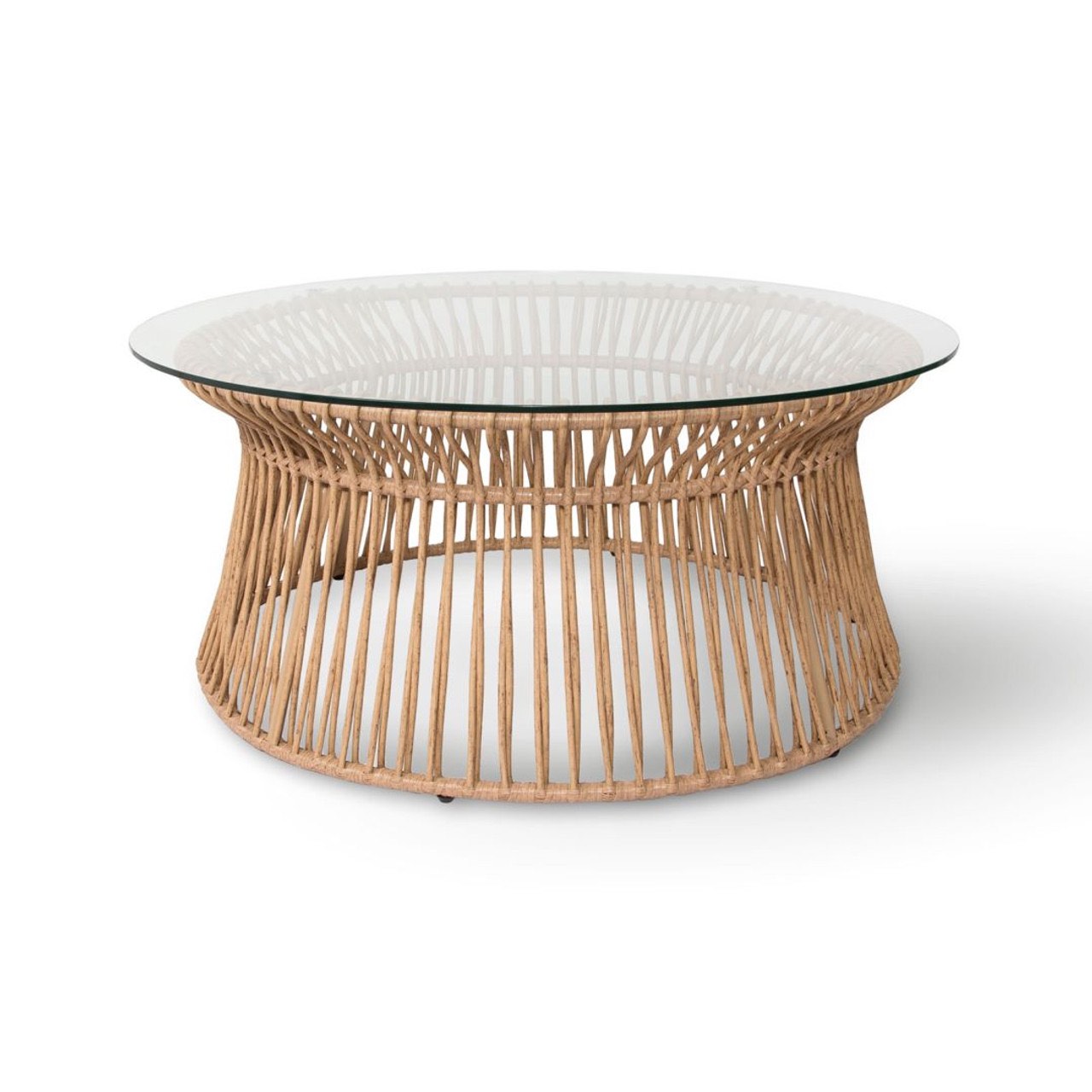 Wicker coffee table with glass top on a white background