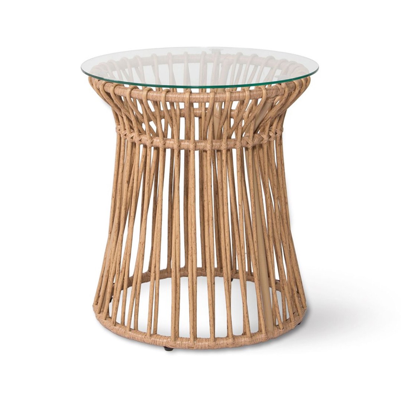 Wicker side table with glass top on a white background