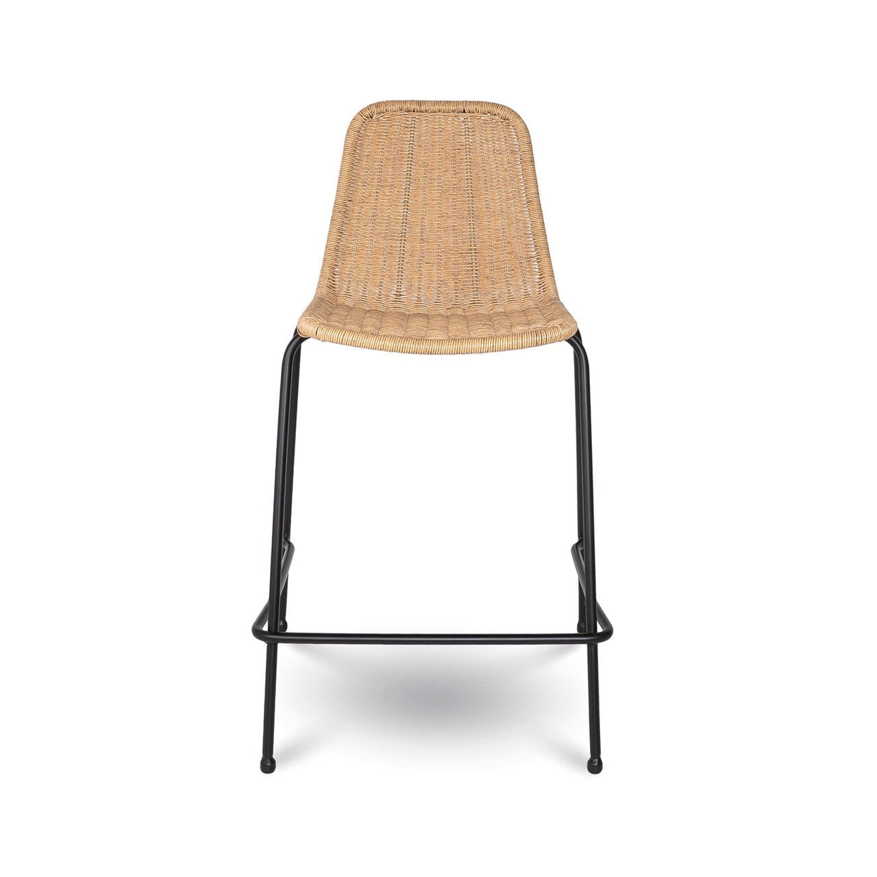 Bar stool with wicker backrest and black metal frame on a white background