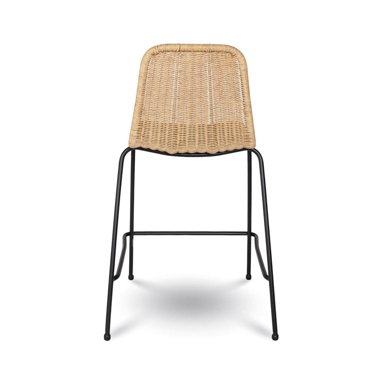 Bar stool with wicker backrest and black metal frame on a white background