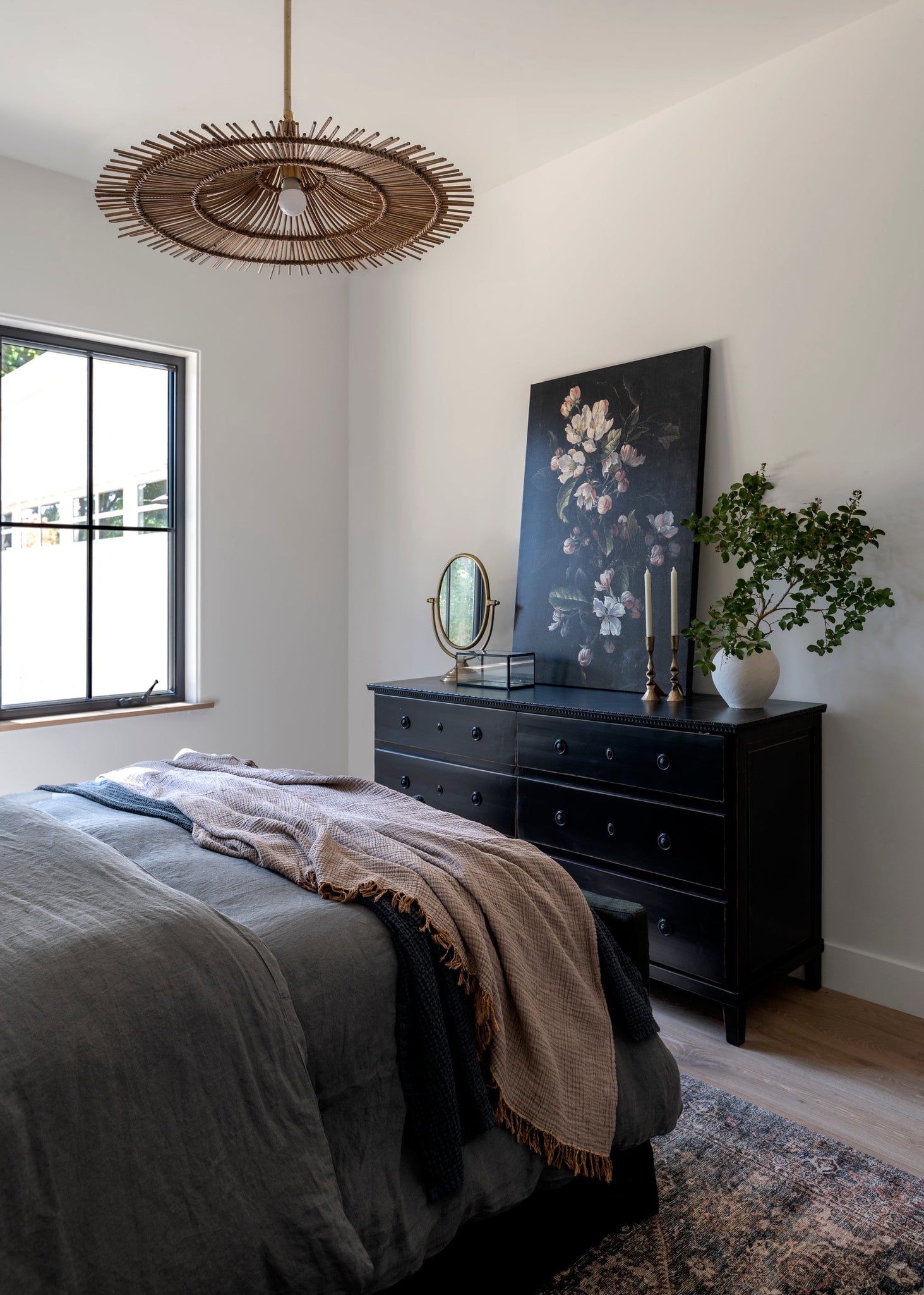 Costa Mesa Pendant 31.25" styled in a welcoming entryway for warm, layered light at Laurie Yapp Home.