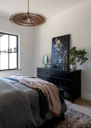 Costa Mesa Pendant 31.25" styled in a welcoming entryway for warm, layered light at Laurie Yapp Home.