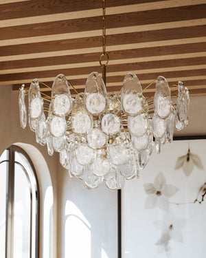 Close-up of the Darcia Chandelier 35.75" in aged brass showing the frame, arms, and shade detail.