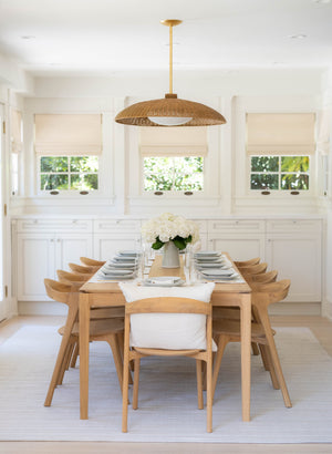 Delano Pendant 32.5" styled in a bright kitchen for warm, layered light at Laurie Yapp Home.