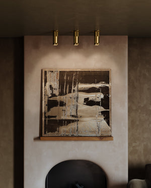 Close-up of the Dighton Flush Mount in aged brass showing the shade profile and mounting canopy.