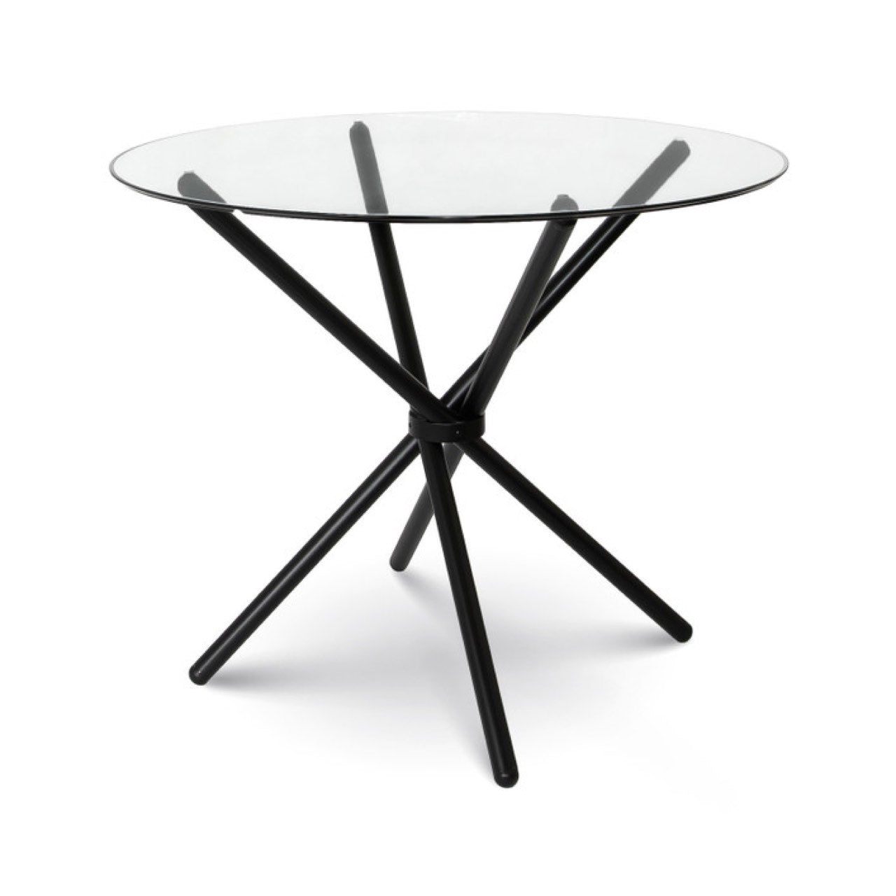 Glass table with black metal legs on a white background