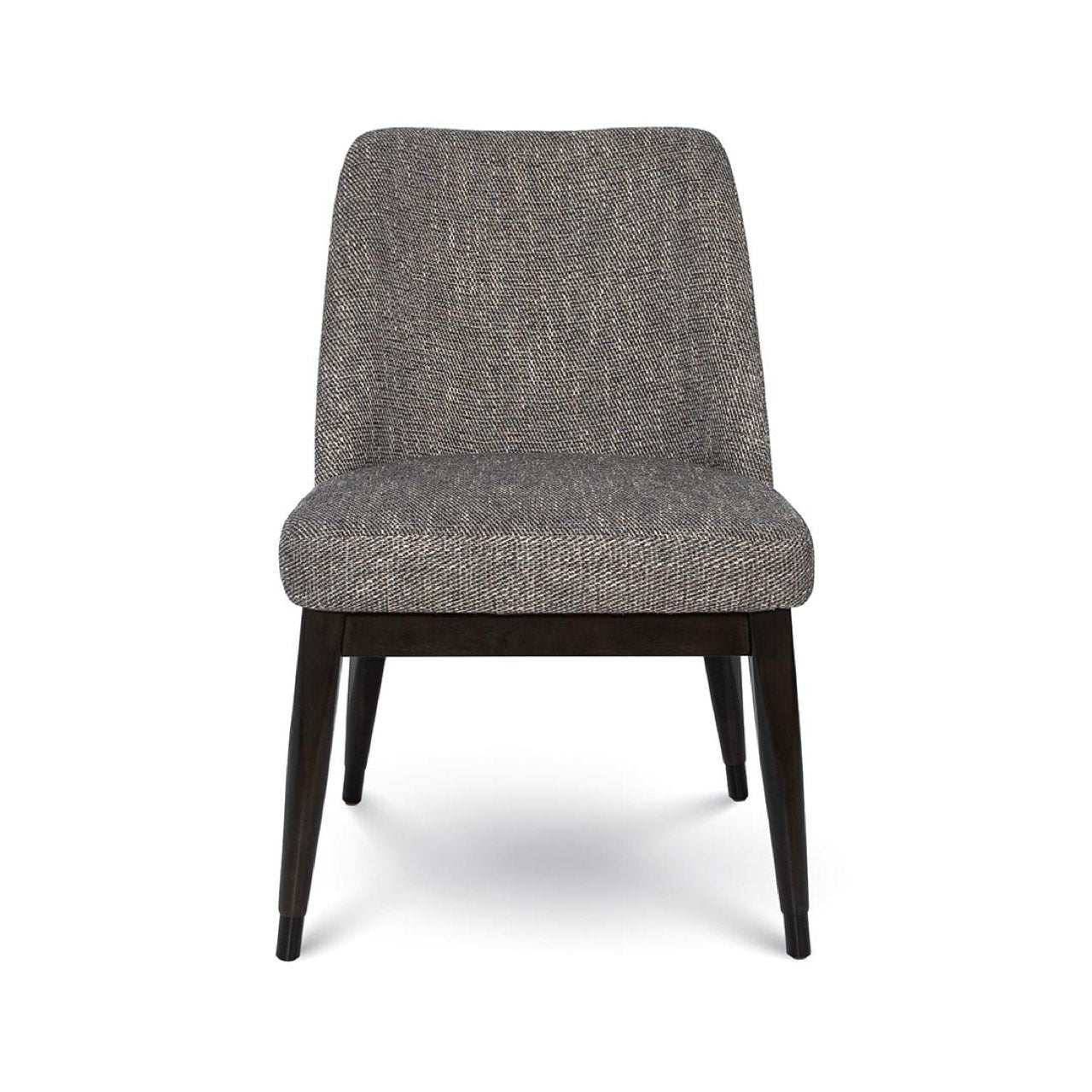 Gray upholstered chair with dark wood legs on a white background