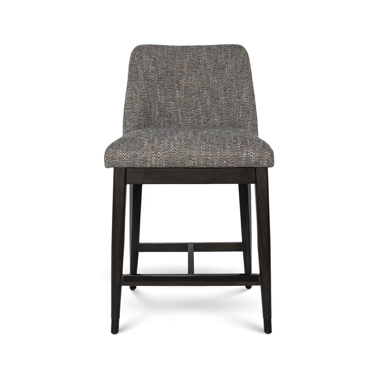 Gray upholstered bar stool with black legs on a white background
