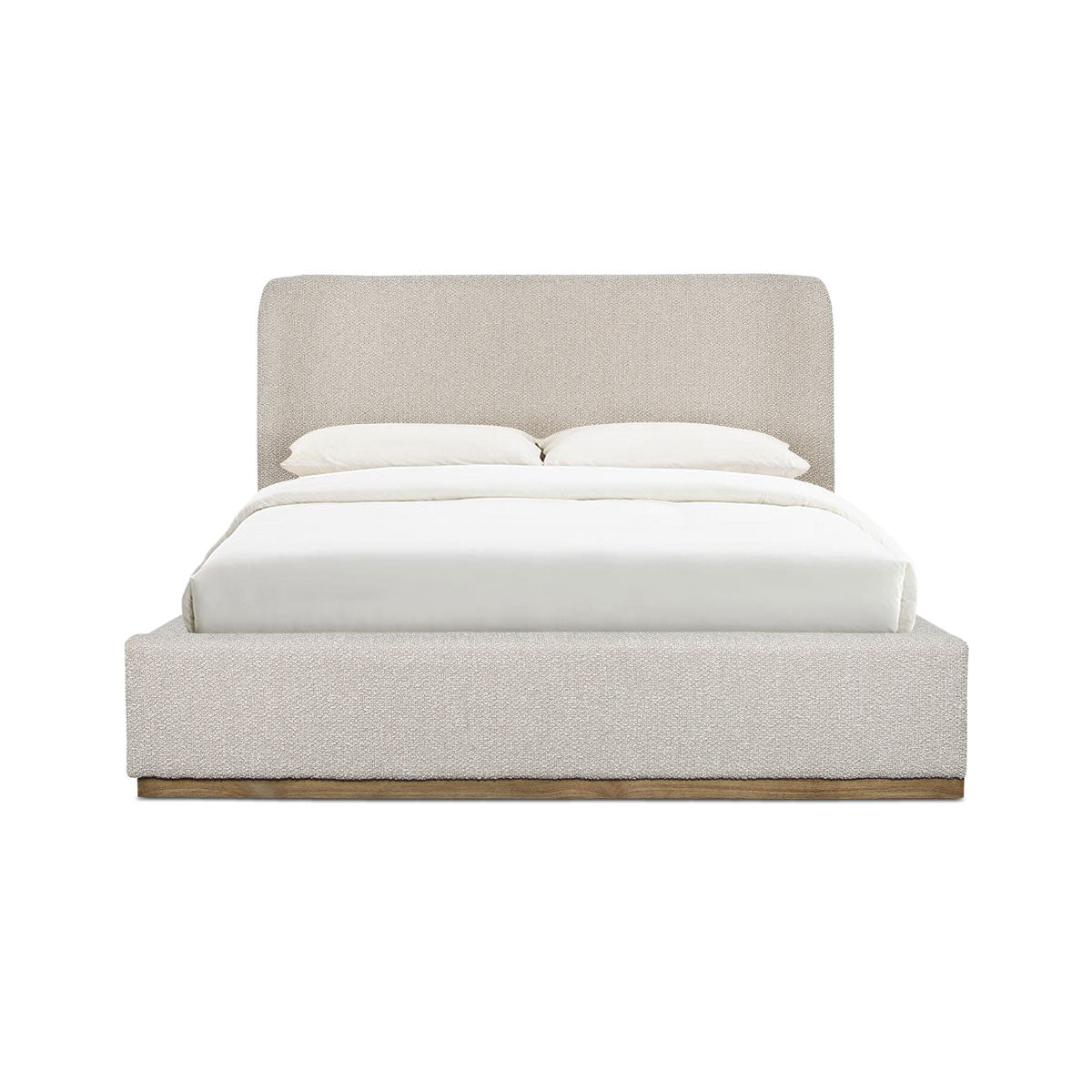 Truffle upholstered bed with white bedding on a white background