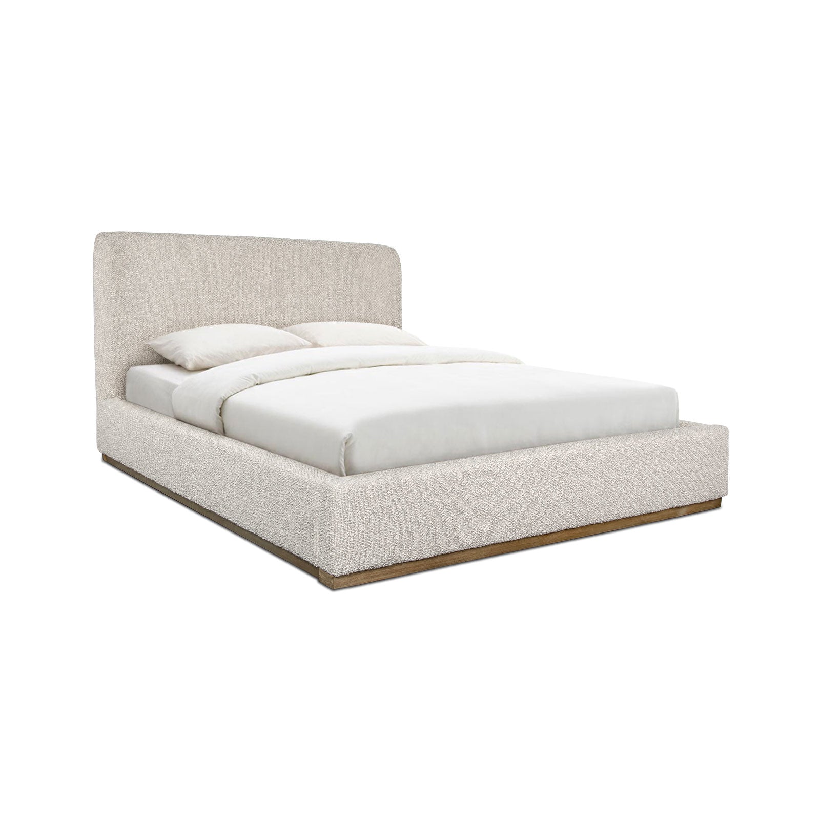 Truffle upholstered bed with white bedding on a white background