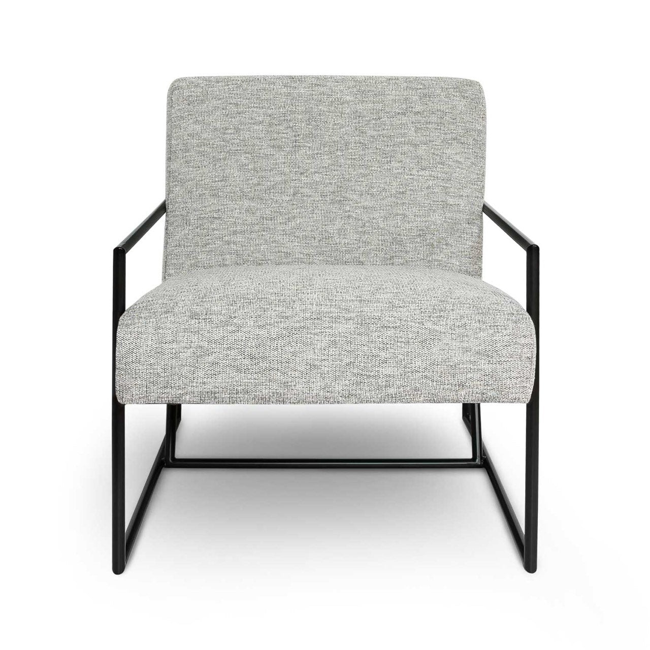 Gray upholstered chair with black metal frame on a white background