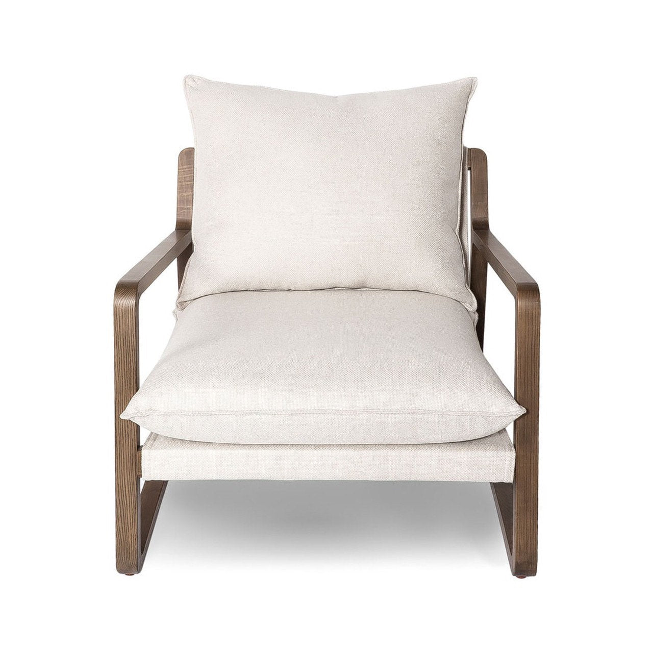 Chair with white cushions and wooden frame on a white background