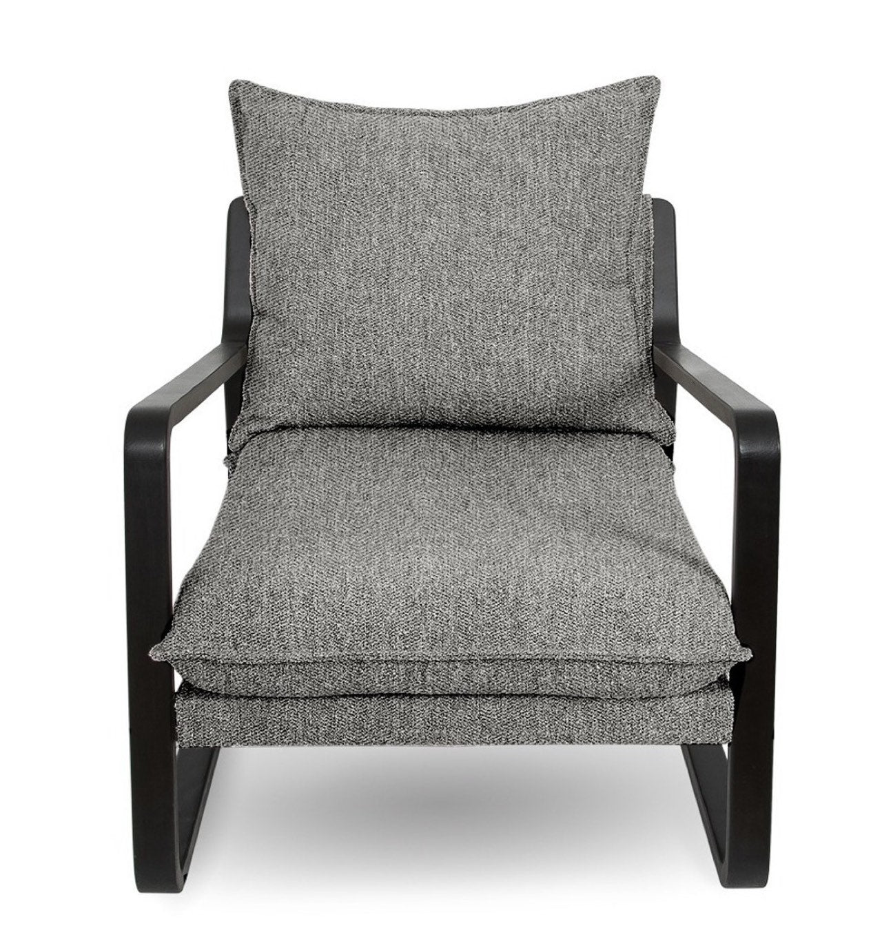 Chair with gray cushions and black frame on a white background