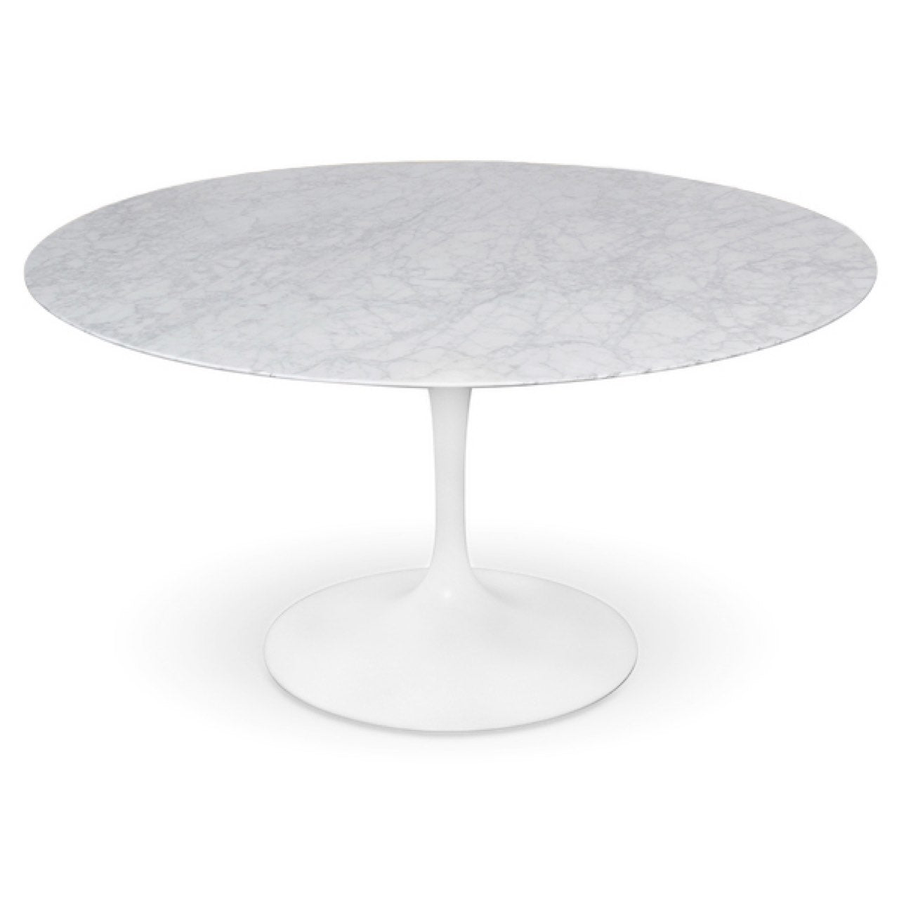 Round marble table with a white base on a white background