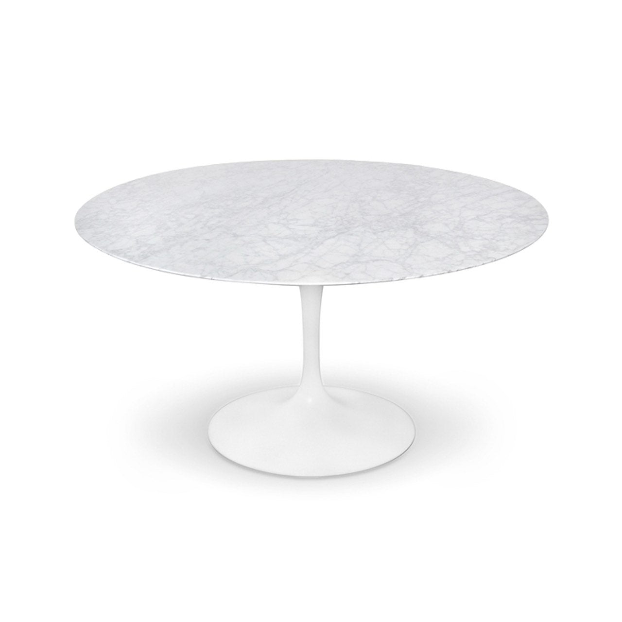 Round marble table with a white base on a white background