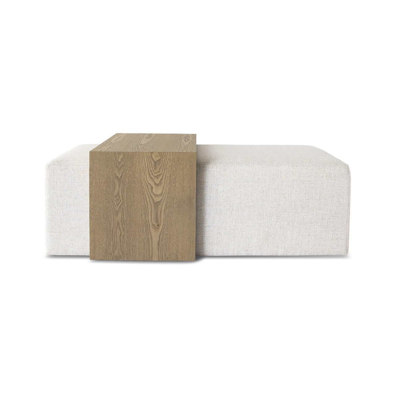Two rectangular ottomans, one with wooden finish and the other with white fabric, on a white background.