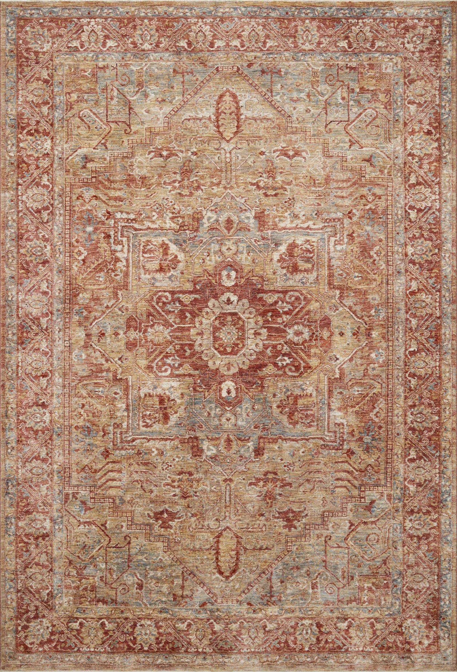 front view of Gaia Gold / Brick luxury Rug