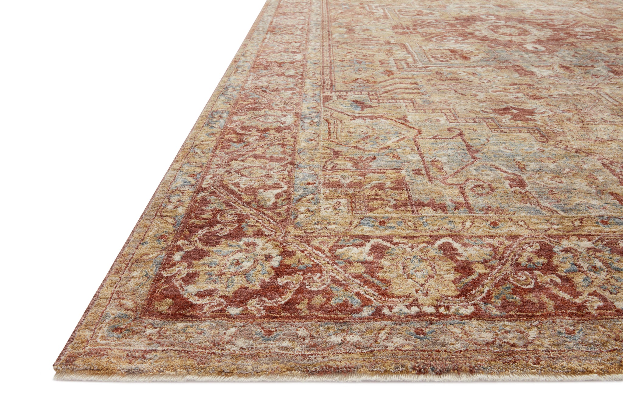 angle view of Gaia Gold / Brick luxury Rug