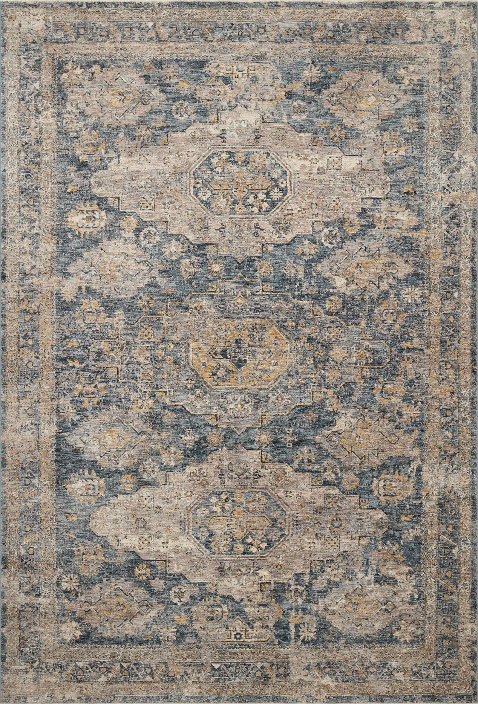 front view of Gaia Denim / Taupe luxury Rug