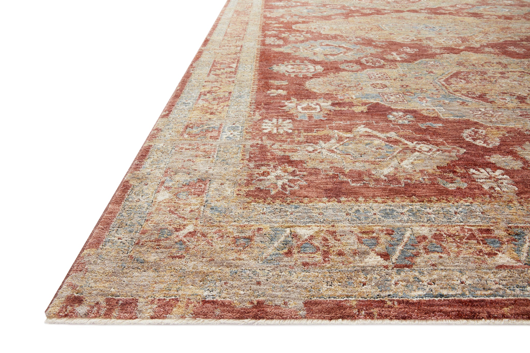 angle view of Gaia Gold / Brick luxury Rug