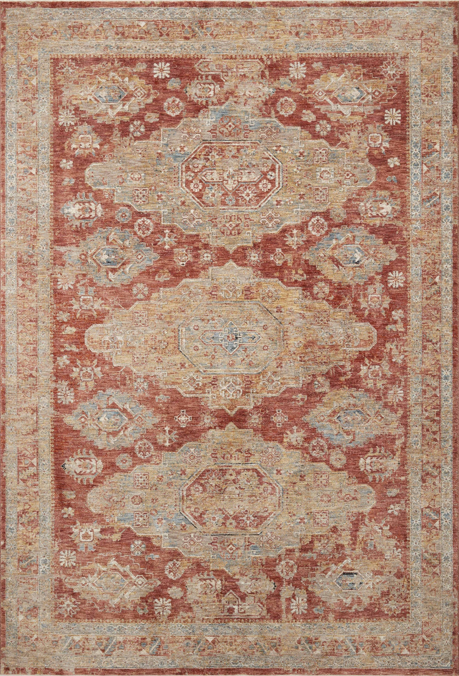 front view of Gaia Gold / Brick luxury Rug