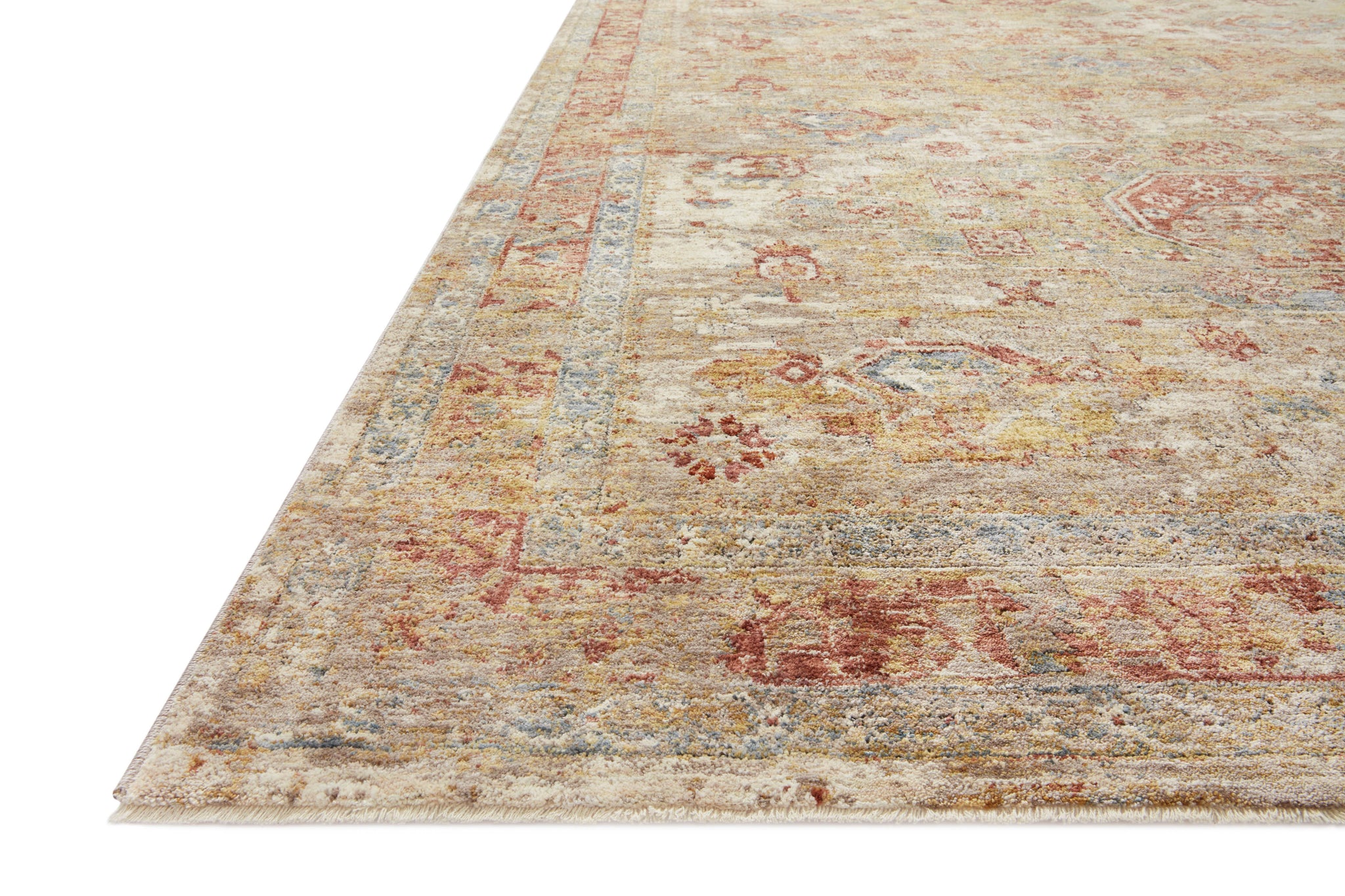 side view of Gaia Gold / Taupe luxury Rug