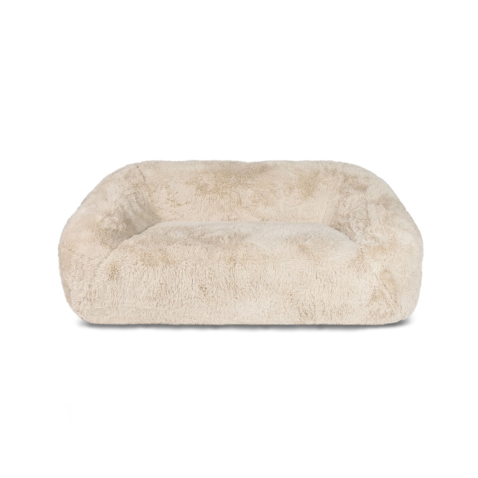 Beige fluffy pet bed on a white background