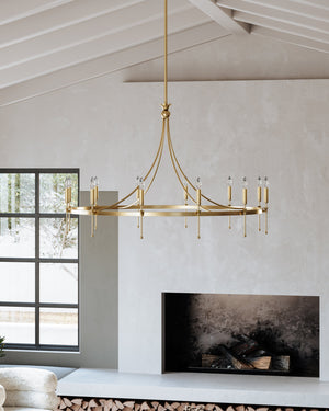 Gates Chandelier 50.5" in aged brass shown from a second angle to highlight the frame, arms, and shade detail.