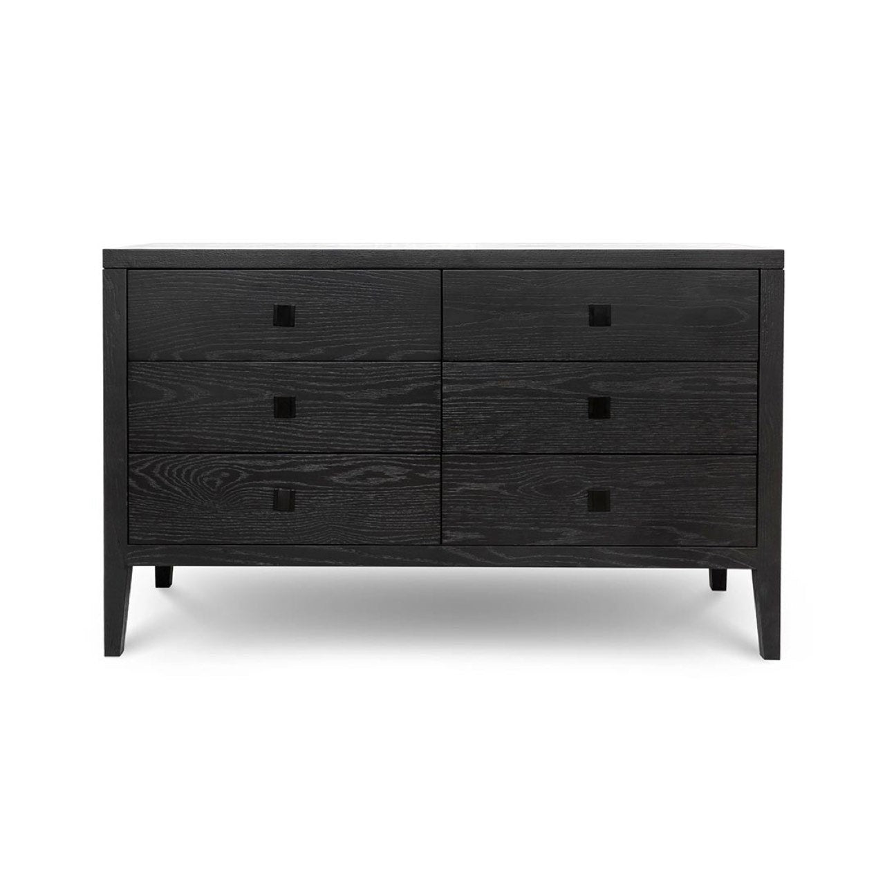 Black dresser with six drawers on a white background