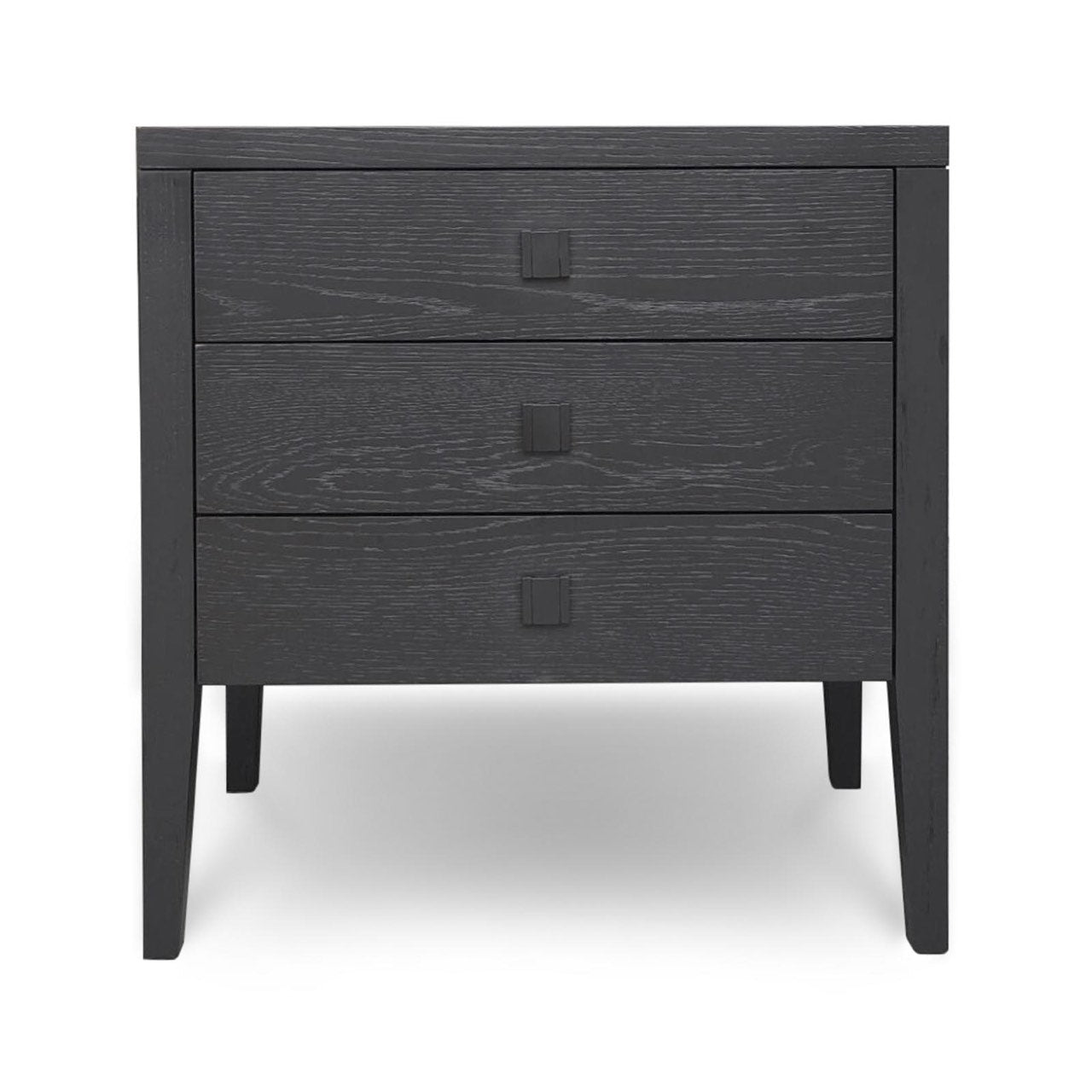 Black three-drawer dresser on a white background