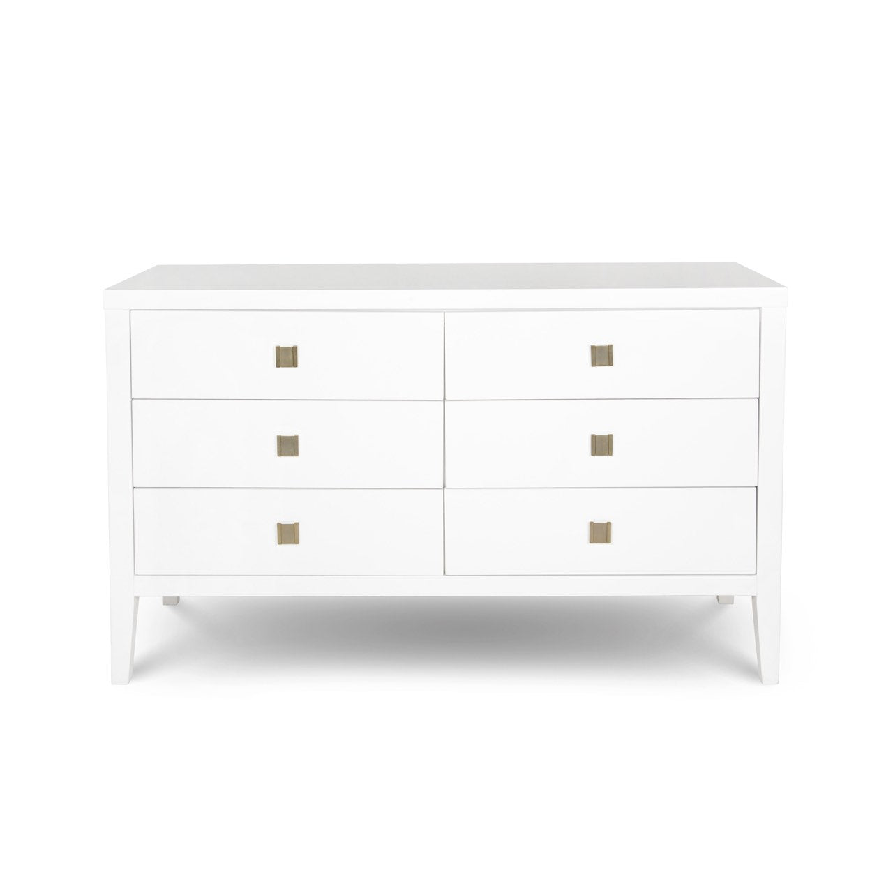 White dresser with gold accents on a white background