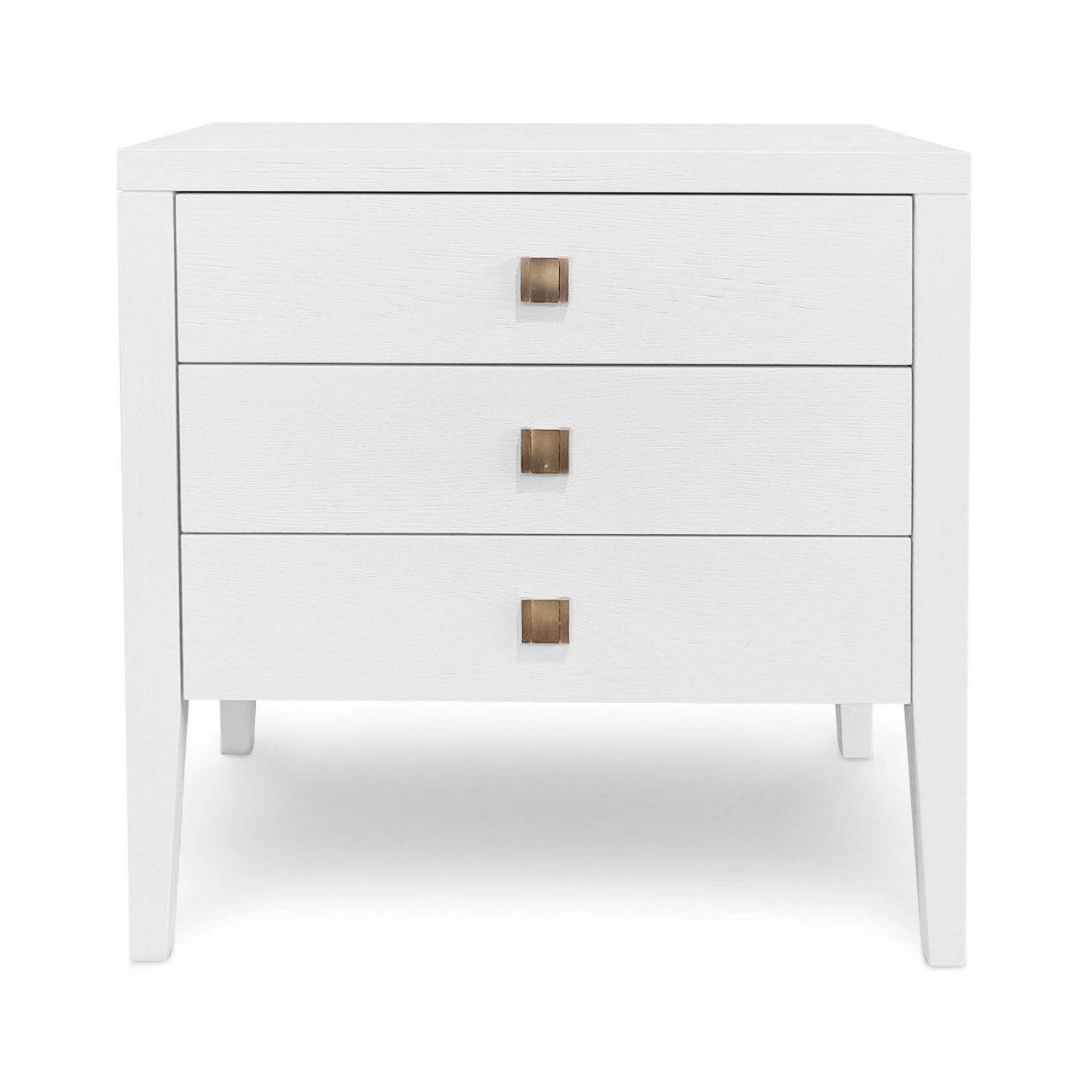 White nightstand with three drawers and bronze handles on a white background