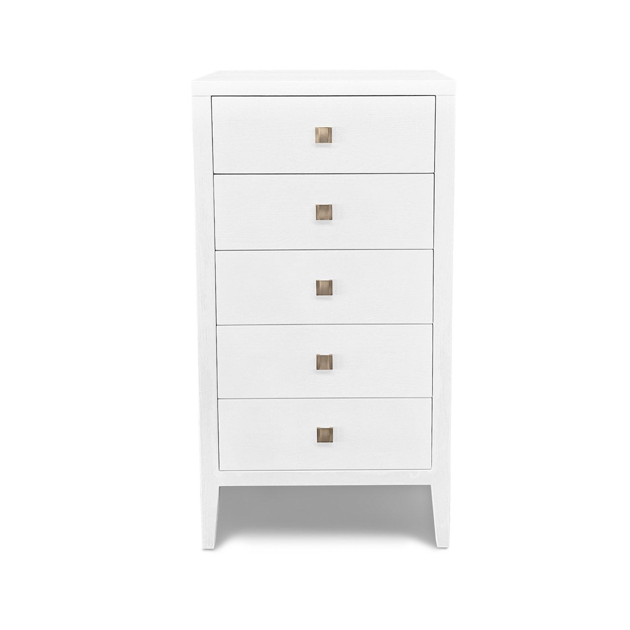 White dresser with four drawers and bronze handles on a white background
