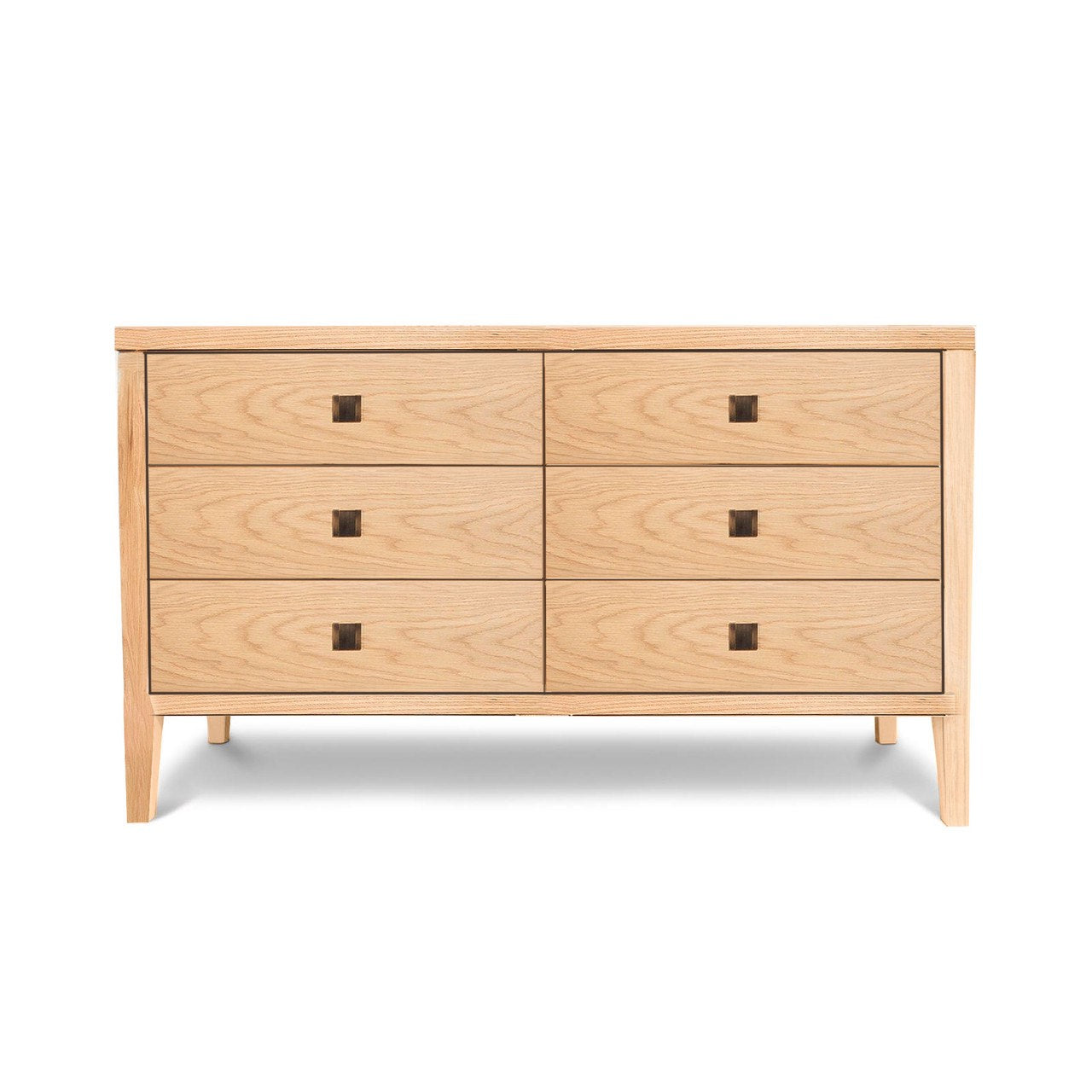 Wooden dresser with six drawers on a white background