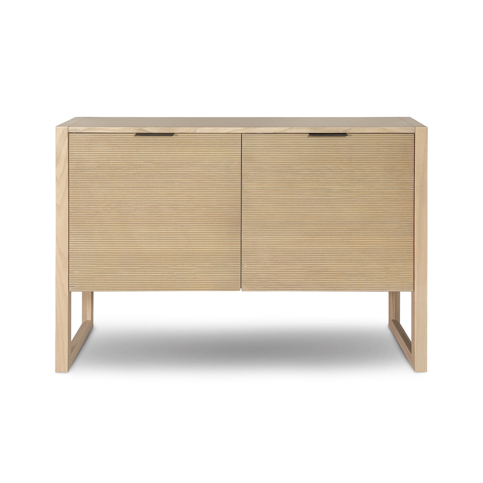 Wooden sideboard with two doors on a white background