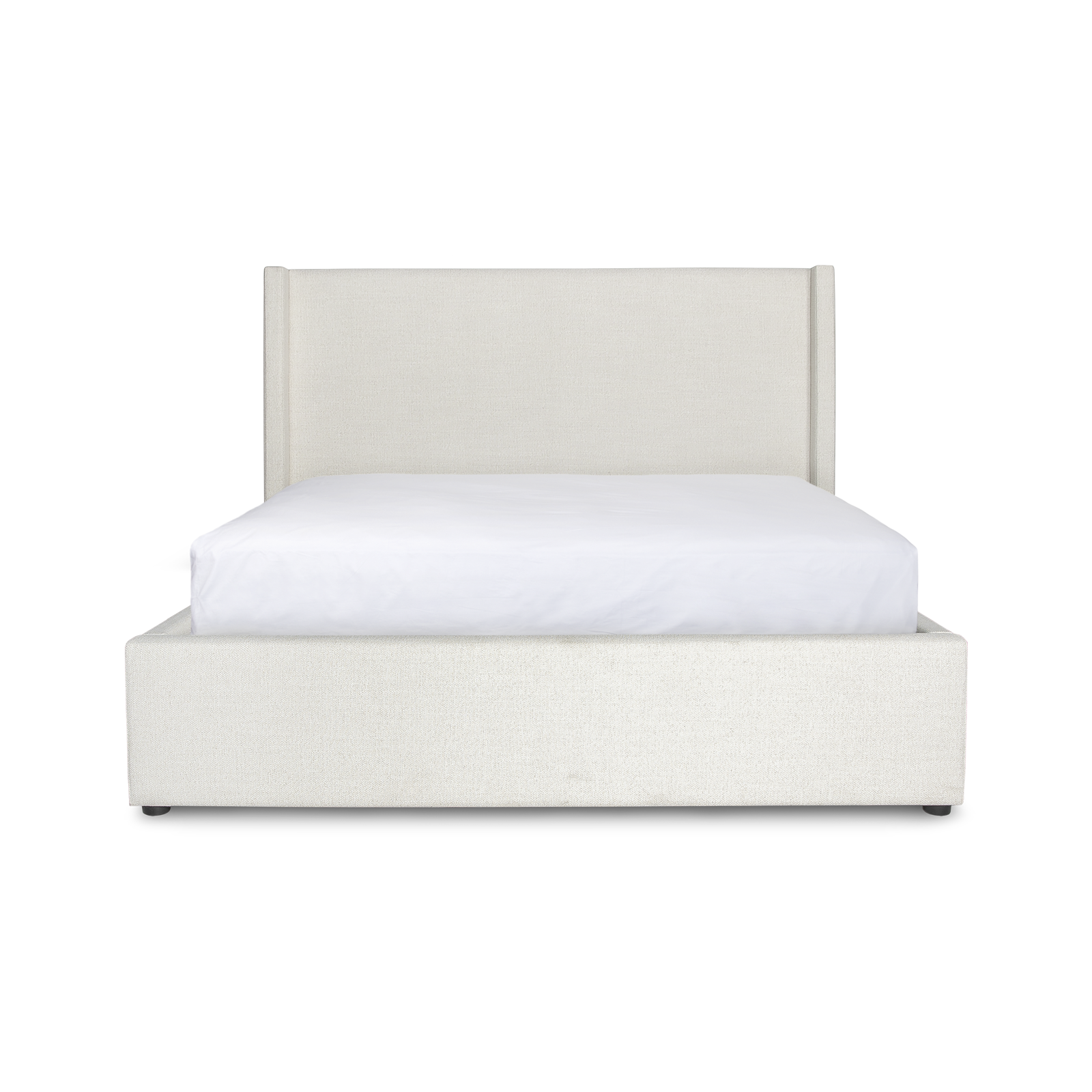 White bed frame with a white mattress on a white background