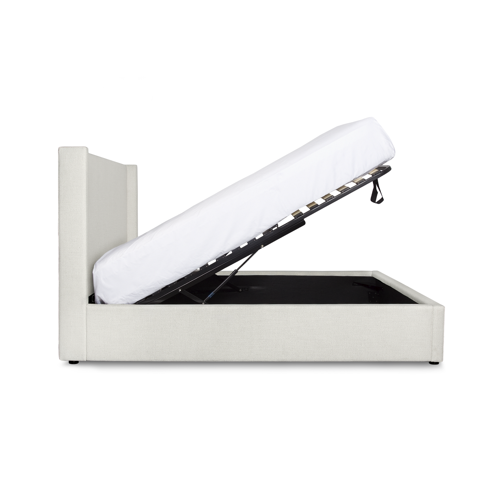 White upholstered bed with storage compartment on a white background