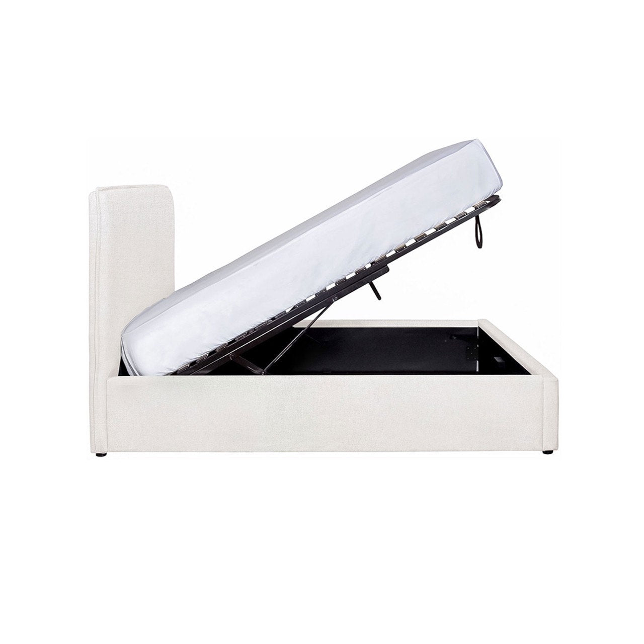 White upholstered bed with a transparent storage lid on a white background