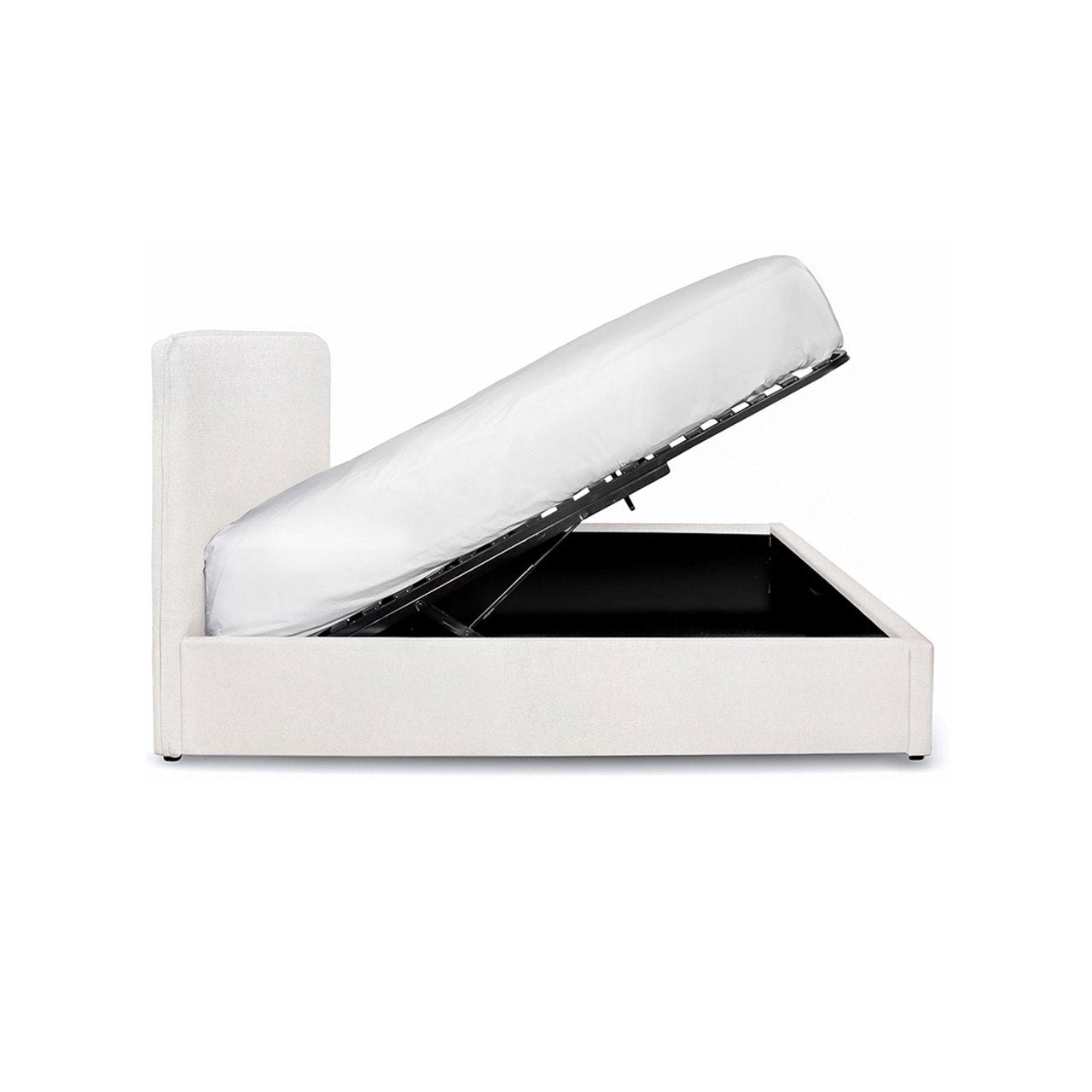 White upholstered bed with storage compartment on a white background