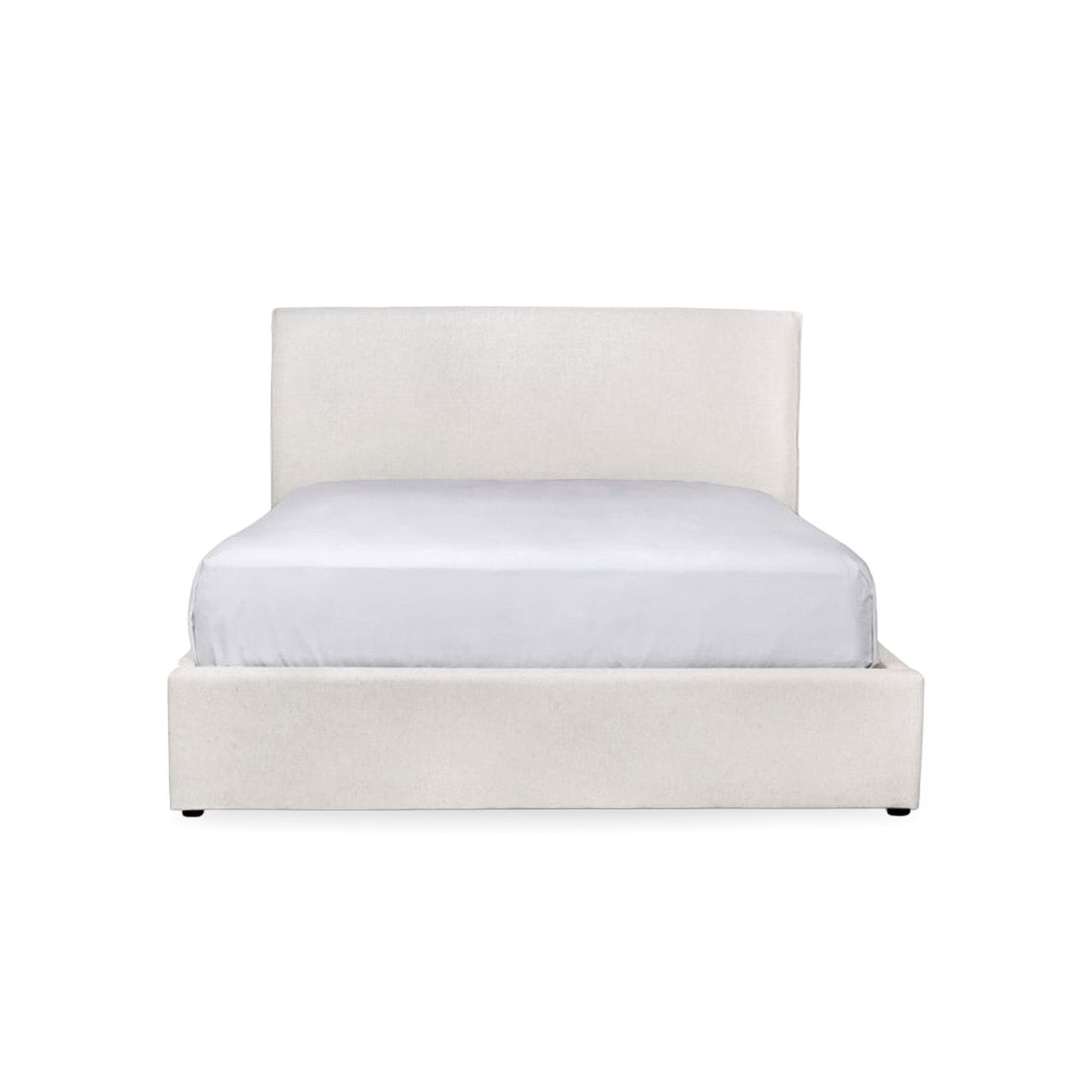 White upholstered bed with a mattress on a white background