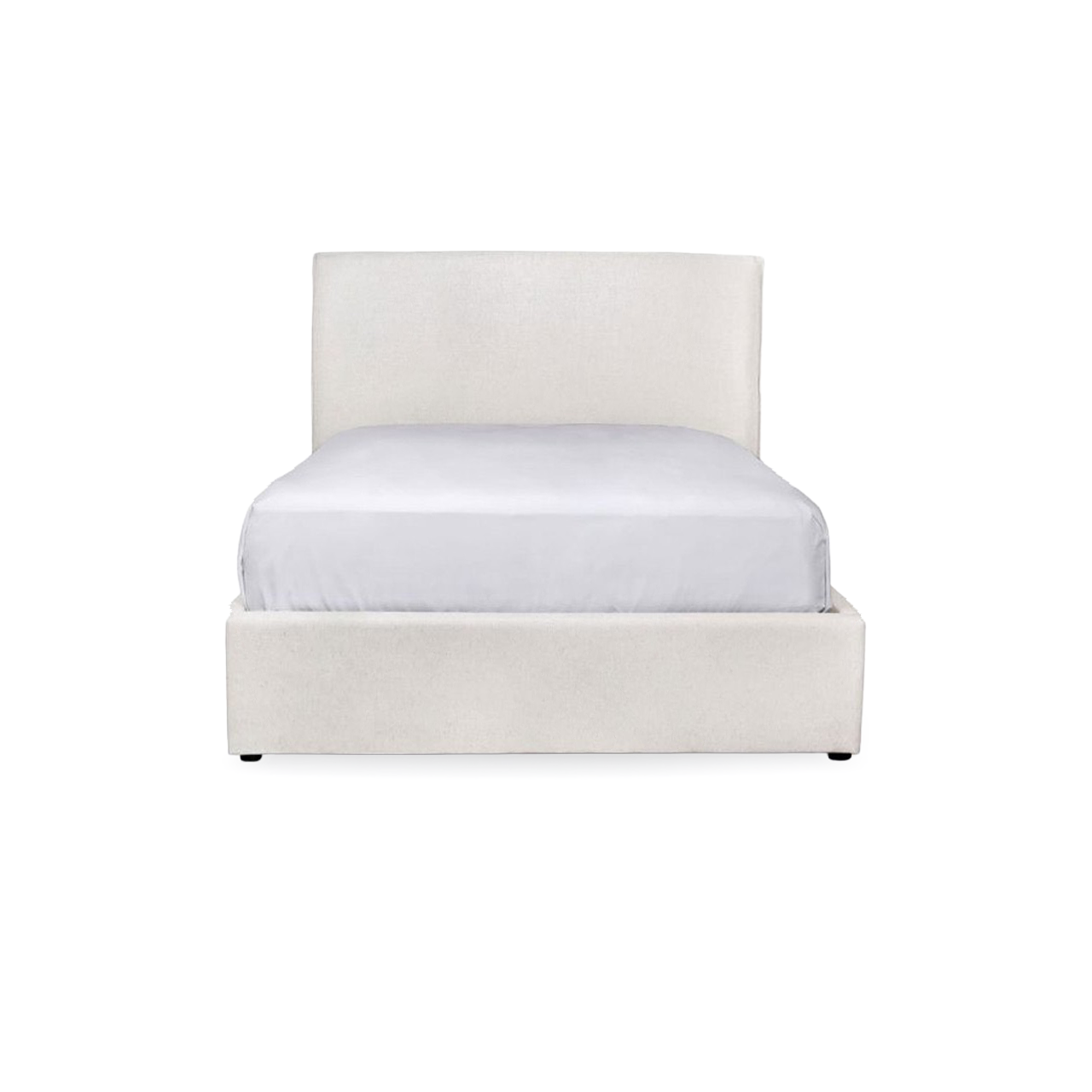 White upholstered bed with a white mattress on a white background