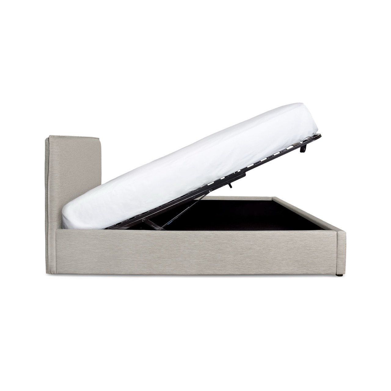 Gray upholstered bed with white mattress on a white background