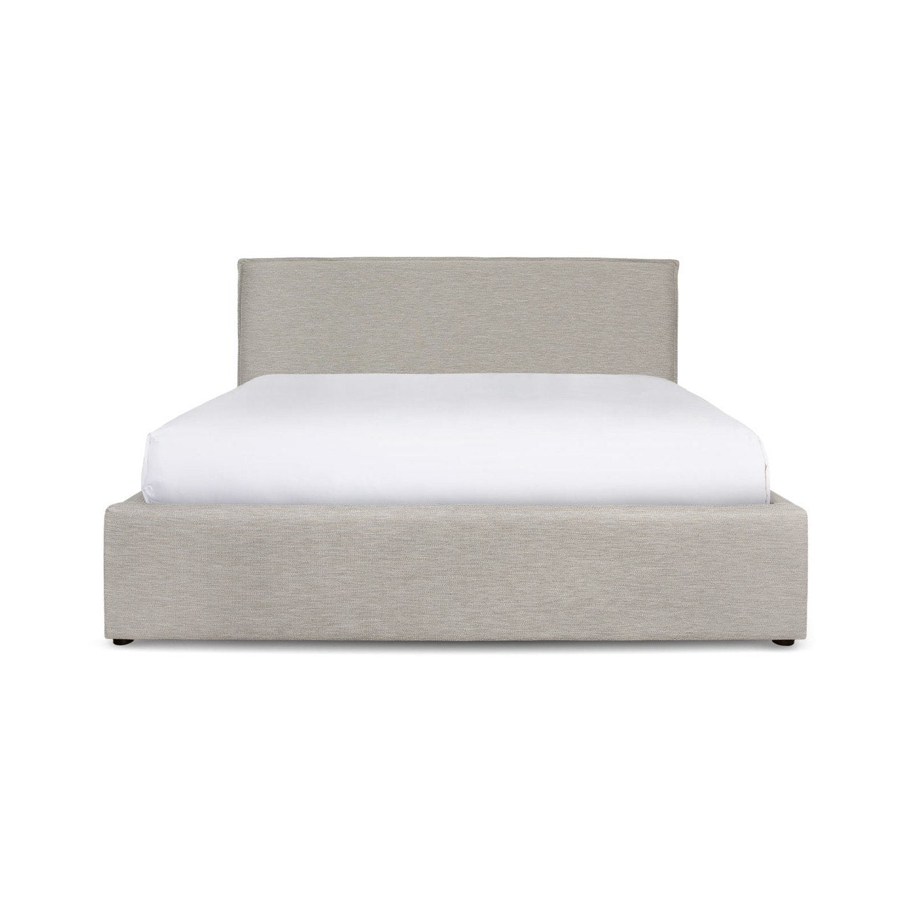 Gray upholstered bed with white mattress on a white background