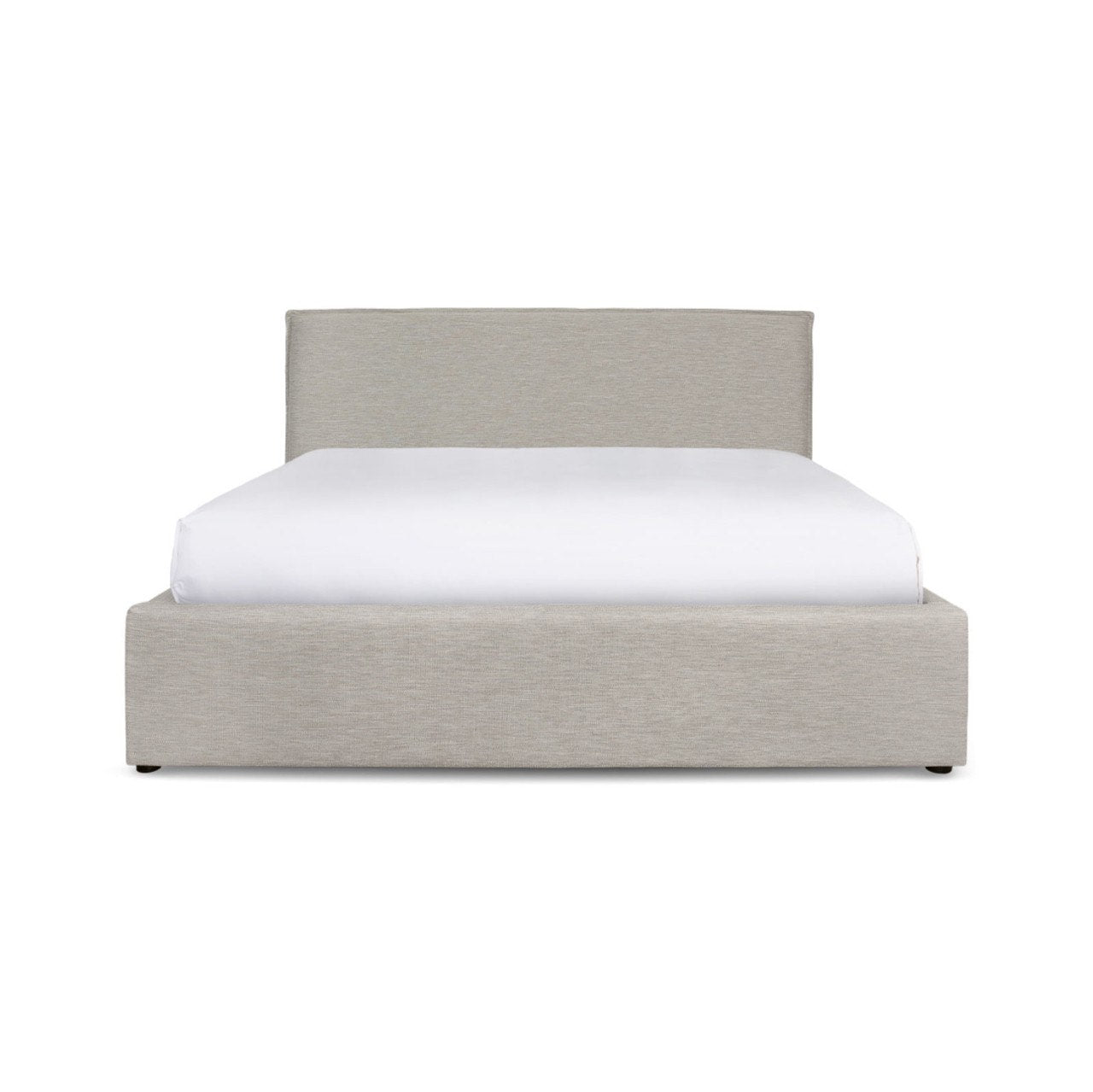 Gray upholstered bed with white mattress on a white background
