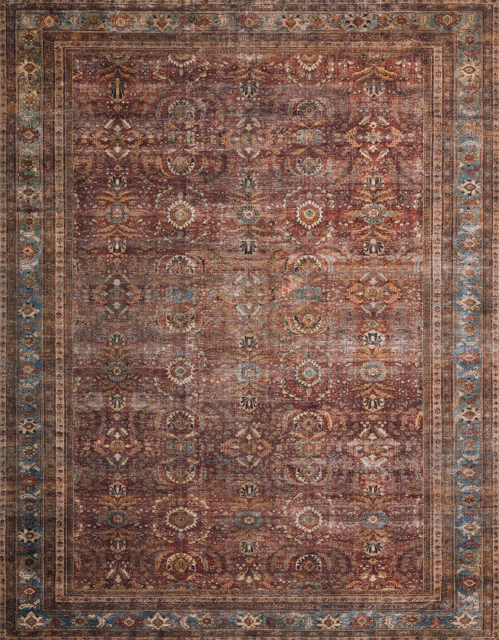 front view of Layla Brick / Blue luxury Rug
