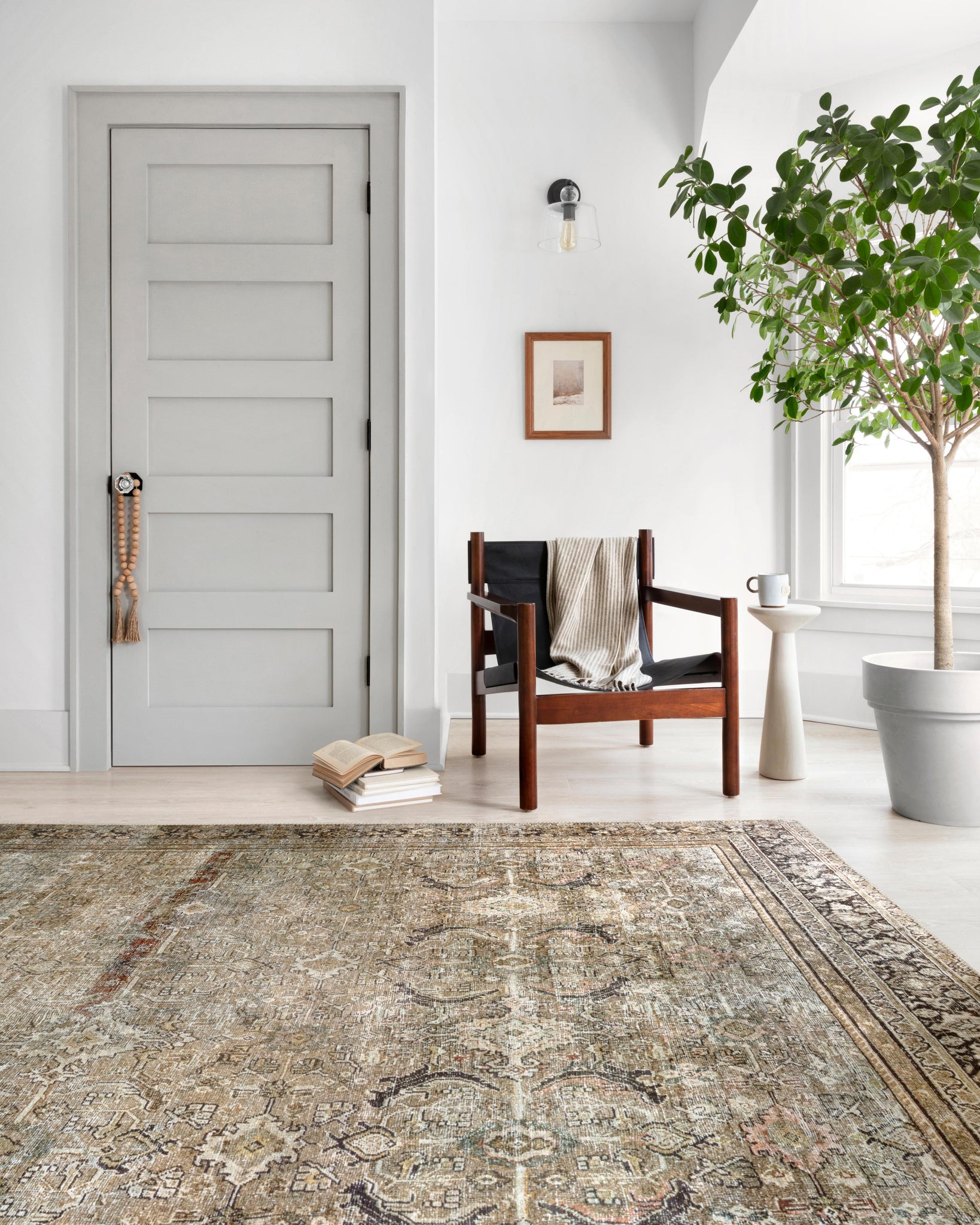 angle view of Layla Olive / Charcoal luxury Rug