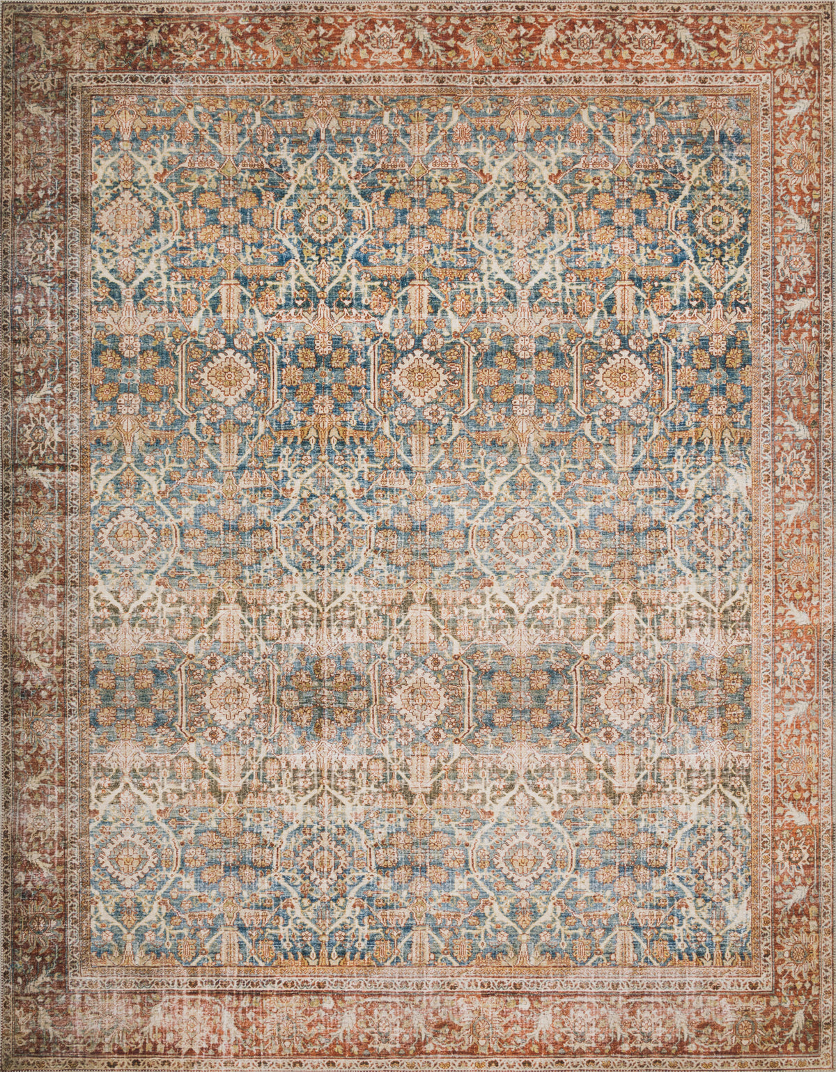 front view of Layla Ocean / Rust luxury Rug